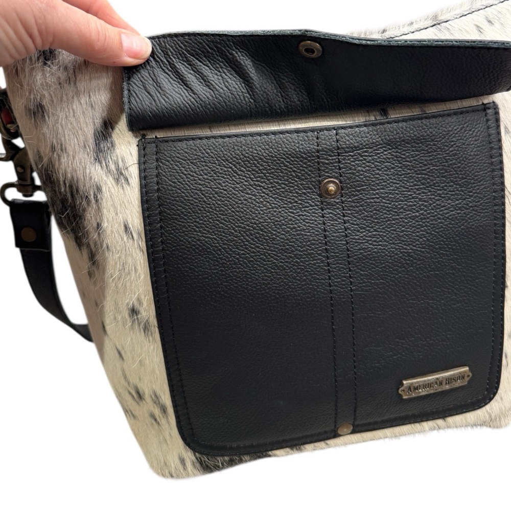 AMERICAN BISON Hair in black & cream and Leather Crossbody Shoulder Bag - Picture 5 of 14
